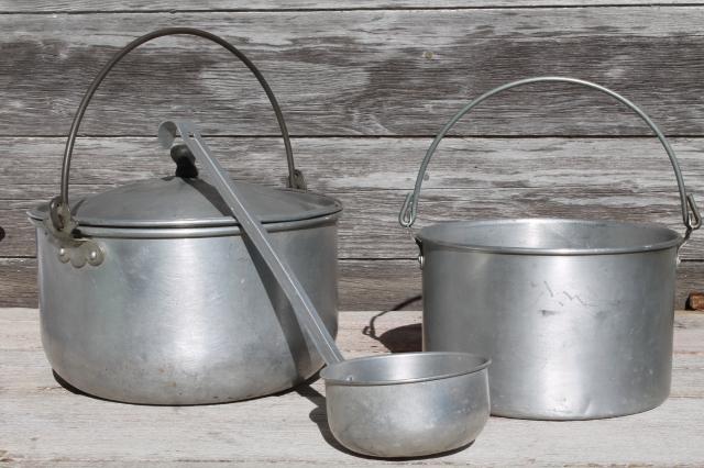 photo of vintage camp cookware, aluminum camping pots w/ wire handles, cooking kettles w/ dipper #1