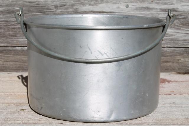 photo of vintage camp cookware, aluminum camping pots w/ wire handles, cooking kettles w/ dipper #9