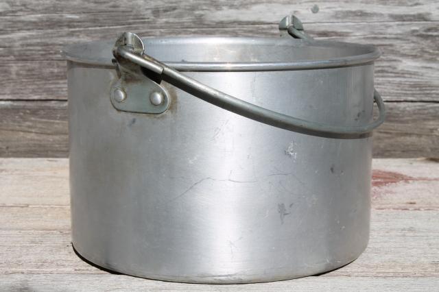 photo of vintage camp cookware, aluminum camping pots w/ wire handles, cooking kettles w/ dipper #10