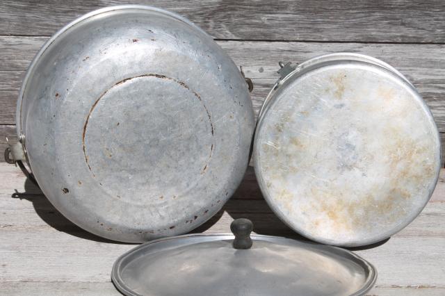 photo of vintage camp cookware, aluminum camping pots w/ wire handles, cooking kettles w/ dipper #12