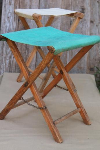 photo of vintage camp fire camping  or fishing stools, old folding wood stools w/ canvas seats #1