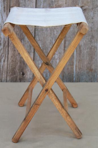 photo of vintage camp fire camping  or fishing stools, old folding wood stools w/ canvas seats #2