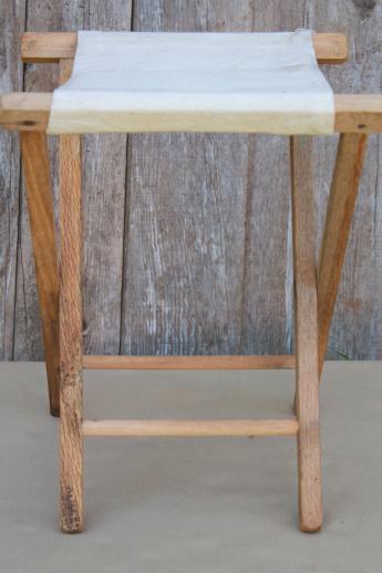 photo of vintage camp fire camping  or fishing stools, old folding wood stools w/ canvas seats #3