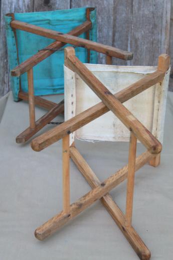 photo of vintage camp fire camping  or fishing stools, old folding wood stools w/ canvas seats #8