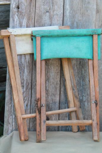 photo of vintage camp fire camping  or fishing stools, old folding wood stools w/ canvas seats #9