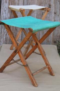 catalog photo of vintage camp fire camping  or fishing stools, old folding wood stools w/ canvas seats