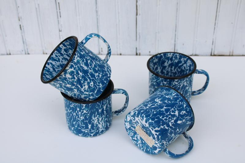 photo of vintage camp mugs, blue and white splatter ware enamel ware metal cups, nice for camping  #1