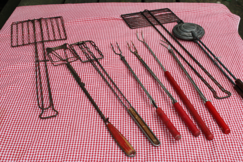 photo of vintage campfire cooking utensils lot, red wood handled forks for toasting marshmallows, hot dog cookers etc #1