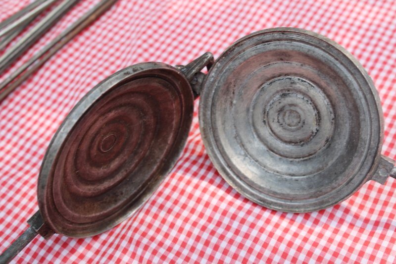 photo of vintage campfire cooking utensils lot, red wood handled forks for toasting marshmallows, hot dog cookers etc  #4