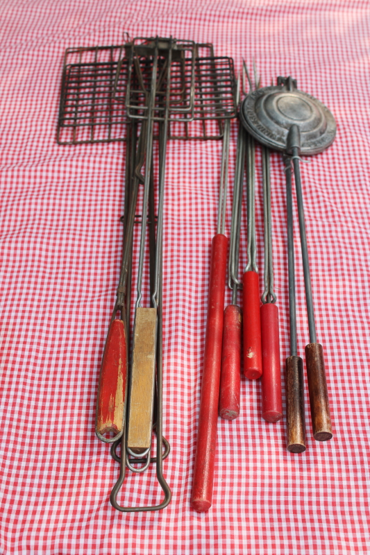 photo of vintage campfire cooking utensils lot, red wood handled forks for toasting marshmallows, hot dog cookers etc  #6