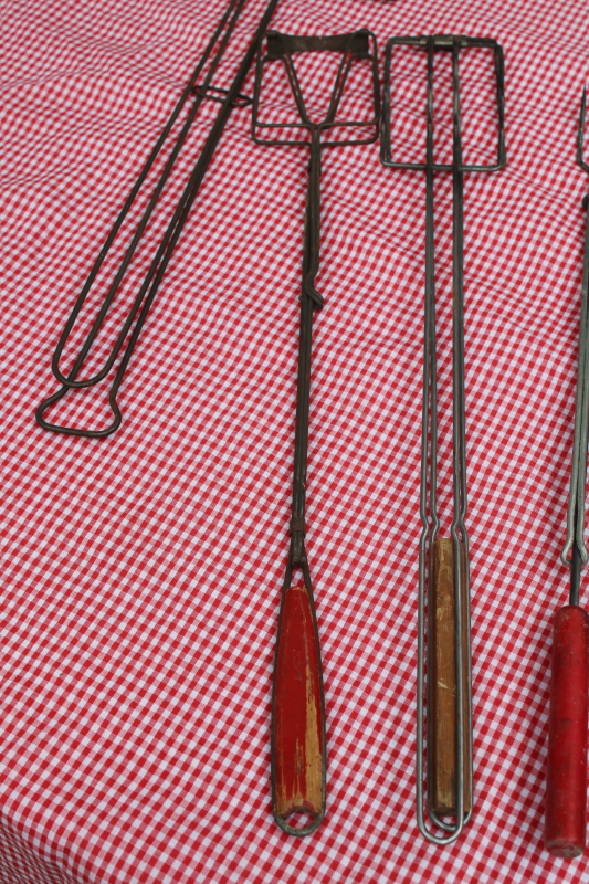 photo of vintage campfire cooking utensils lot, red wood handled forks for toasting marshmallows, hot dog cookers etc  #7