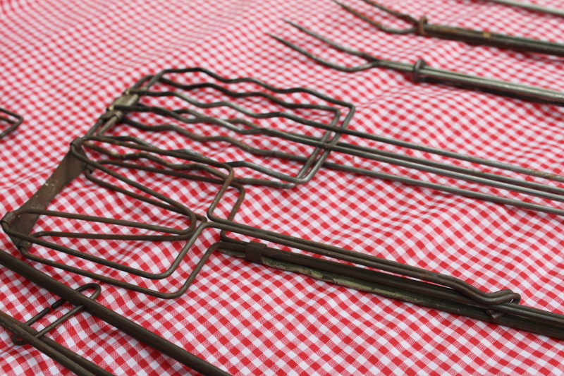 photo of vintage campfire cooking utensils lot, red wood handled forks for toasting marshmallows, hot dog cookers etc  #8