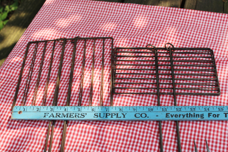 photo of vintage campfire cooking utensils lot, red wood handled forks for toasting marshmallows, hot dog cookers etc  #10