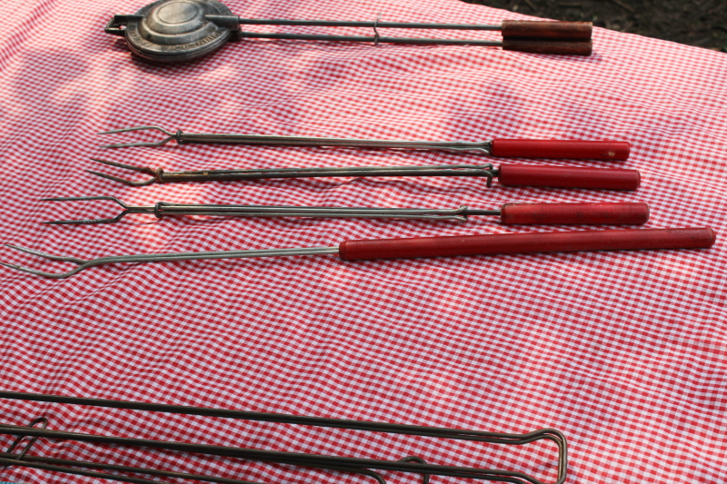 photo of vintage campfire cooking utensils lot, red wood handled forks for toasting marshmallows, hot dog cookers etc  #11