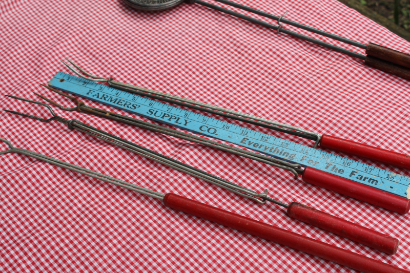 photo of vintage campfire cooking utensils lot, red wood handled forks for toasting marshmallows, hot dog cookers etc  #13
