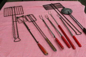 vintage campfire cooking utensils lot, red wood handled forks for toasting marshmallows, hot dog cookers etc 