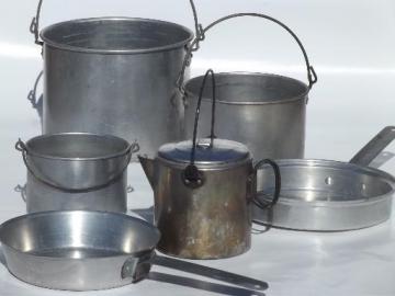 catalog photo of vintage campfire cookware & coffee pot set, packable camping mess kit for a crowd