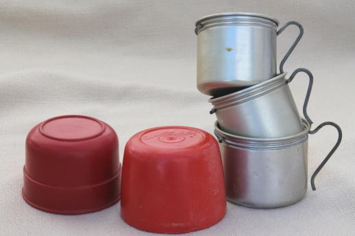 photo of vintage camping cups, red bakelite or early plastic Aladdin thermos caps & aluminum mugs #5