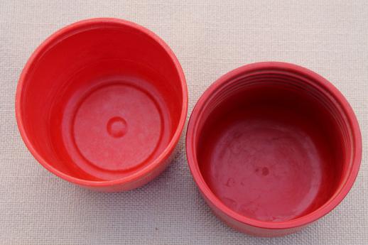 photo of vintage camping cups, red bakelite or early plastic Aladdin thermos caps & aluminum mugs #8