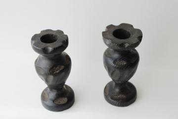 catalog photo of vintage candle holders, chunky carved wood candlesticks hippie bohemian style