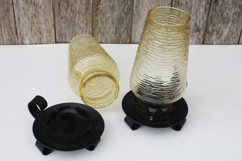 photo of vintage candle lamps, rustic black iron candleholders w/ amber glass hurricane shades #5
