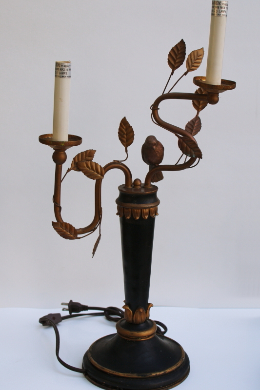 photo of vintage candlestick lamp, Italian tole style candelabra light black & gold bird on a branch  #1