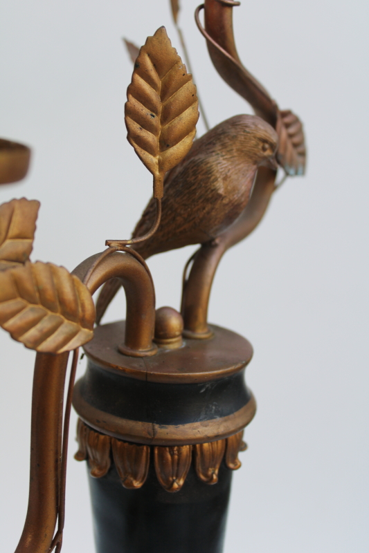 photo of vintage candlestick lamp, Italian tole style candelabra light black & gold bird on a branch #3
