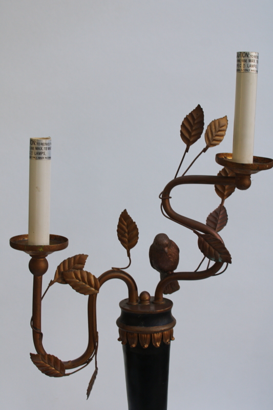 photo of vintage candlestick lamp, Italian tole style candelabra light black & gold bird on a branch #4