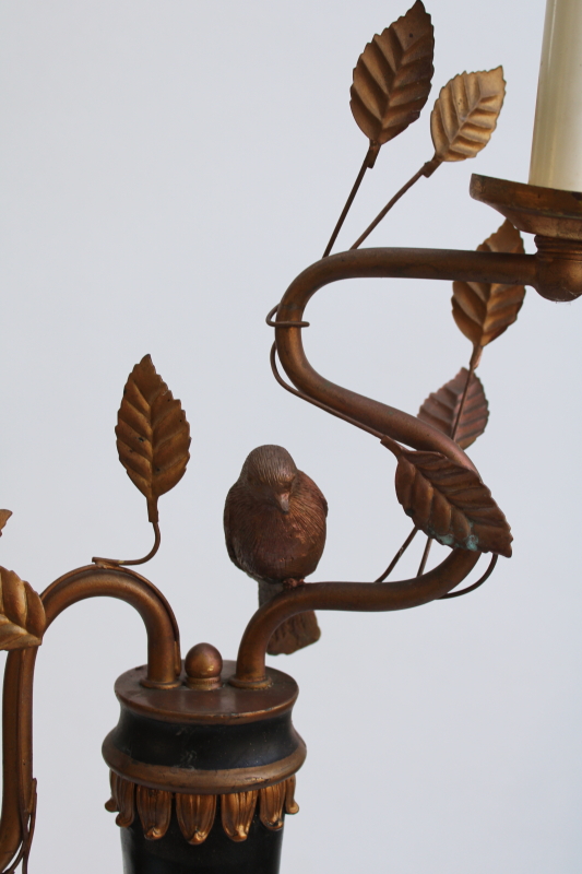 photo of vintage candlestick lamp, Italian tole style candelabra light black & gold bird on a branch #5