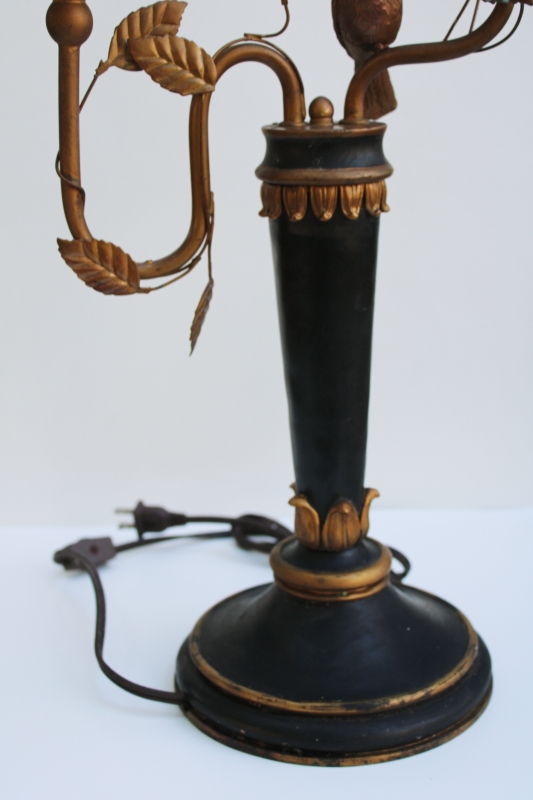 photo of vintage candlestick lamp, Italian tole style candelabra light black & gold bird on a branch #8