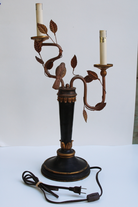 photo of vintage candlestick lamp, Italian tole style candelabra light black & gold bird on a branch #10
