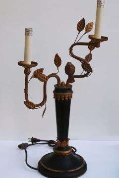 catalog photo of vintage candlestick lamp, Italian tole style candelabra light black & gold bird on a branch 