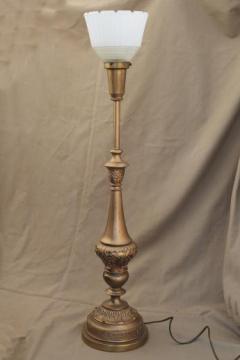 catalog photo of vintage candlestick lamp w/ glass torchiere shade, ornate gold cast metal spelter lamp