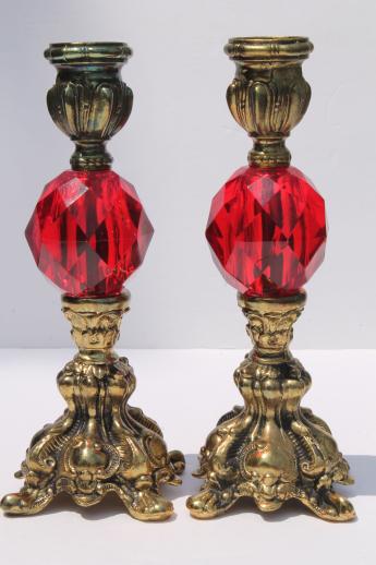 photo of vintage candlesticks w/ Italian glass shades, ornate gold candle holders w/ ruby red lucite gems #3