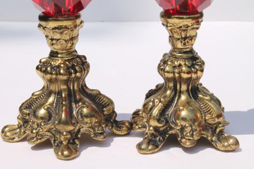 photo of vintage candlesticks w/ Italian glass shades, ornate gold candle holders w/ ruby red lucite gems #7