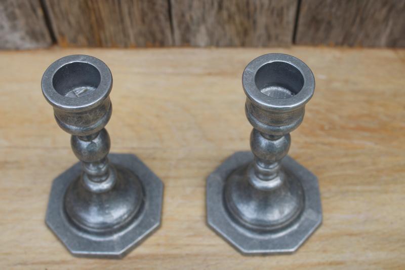 photo of vintage candlesticks, unmarked armetale type pewter metal pair of candle holders #2