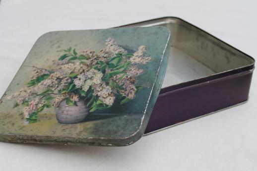 photo of vintage candy box tin with lilacs floral, lovely shabby antique cookie tin #1