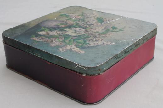 photo of vintage candy box tin with lilacs floral, lovely shabby antique cookie tin #5