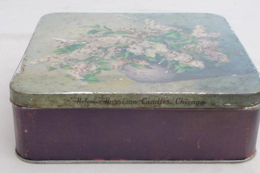 photo of vintage candy box tin with lilacs floral, lovely shabby antique cookie tin #6