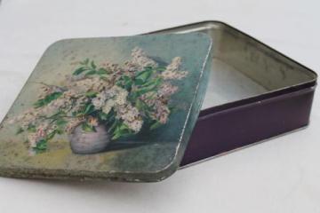 catalog photo of vintage candy box tin with lilacs floral, lovely shabby antique cookie tin