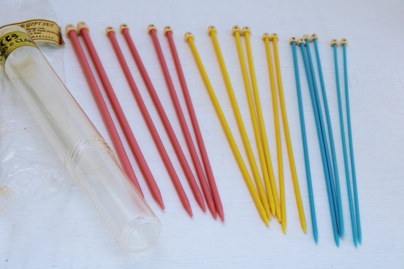 photo of vintage candy colored plastic knitting needles needle case set new in package Coats-Clark #3