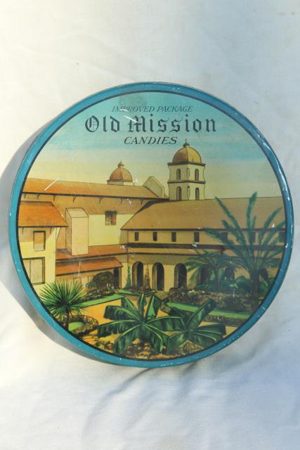 photo of vintage candy tin, Old California Mission litho print scene rustic Spanish missions #1