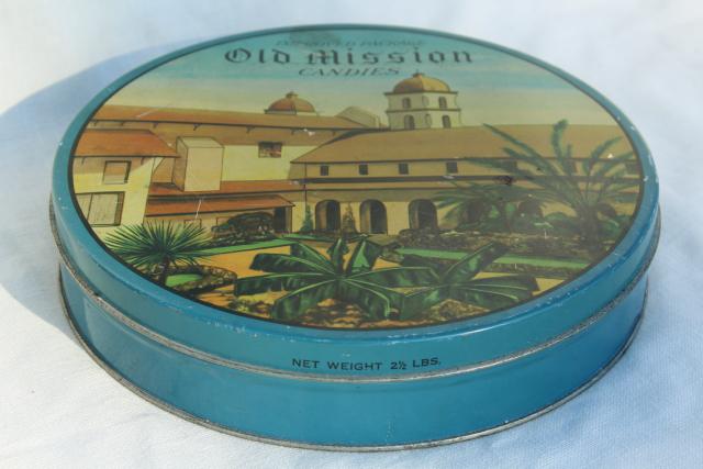 photo of vintage candy tin, Old California Mission litho print scene rustic Spanish missions #2