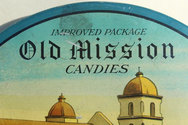 photo of vintage candy tin, Old California Mission litho print scene rustic Spanish missions #3