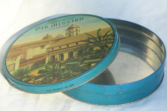 photo of vintage candy tin, Old California Mission litho print scene rustic Spanish missions #4