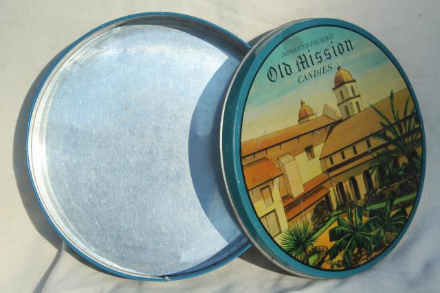 photo of vintage candy tin, Old California Mission litho print scene rustic Spanish missions #6