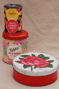 catalog photo of vintage candy tin lot, butter mints & fruit drops tins w/ great graphics, pretty colors!