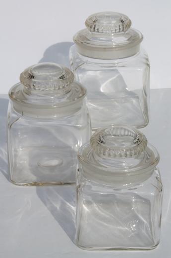 photo of vintage canister jar set, old-fashioned glass canisters or candy jars w/ ground glass lids #1