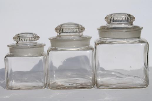 photo of vintage canister jar set, old-fashioned glass canisters or candy jars w/ ground glass lids #2