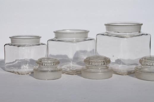 photo of vintage canister jar set, old-fashioned glass canisters or candy jars w/ ground glass lids #4